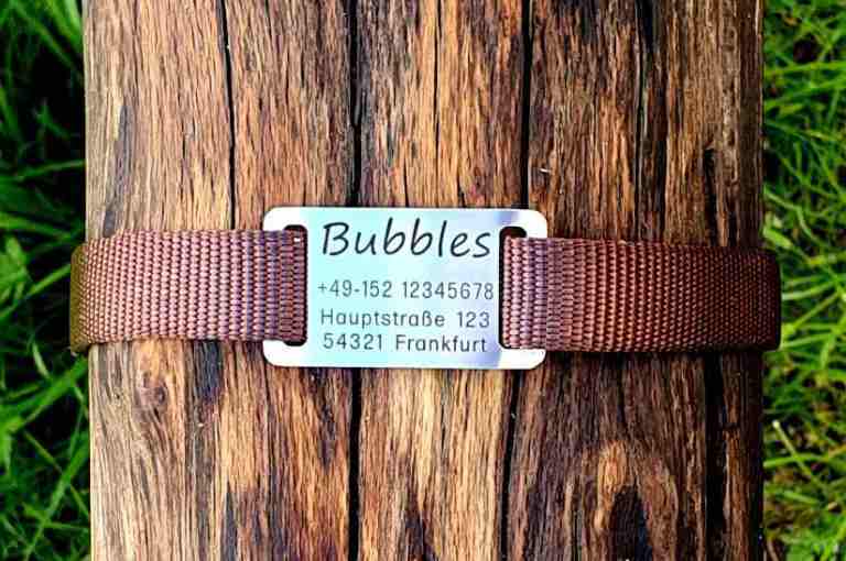 Edelstahl-Plakette für flache Halsbänder mit Breite 18-22 mm, 15,00 €.