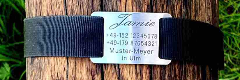 Edelstahl-Plakette für flache Halsbänder mit Breite 23-27 mm, 16,00 €.
