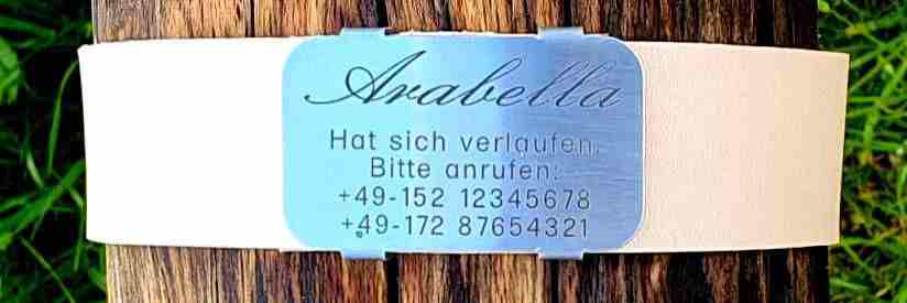 Edelstahl-Plakette für Lederhalsbänder mit Breite 33-36 mm, 20,00 €.