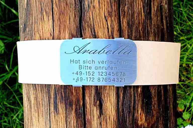 Edelstahl-Plakette für Lederhalsbänder mit Breite 33-36 mm, 20,00 €.