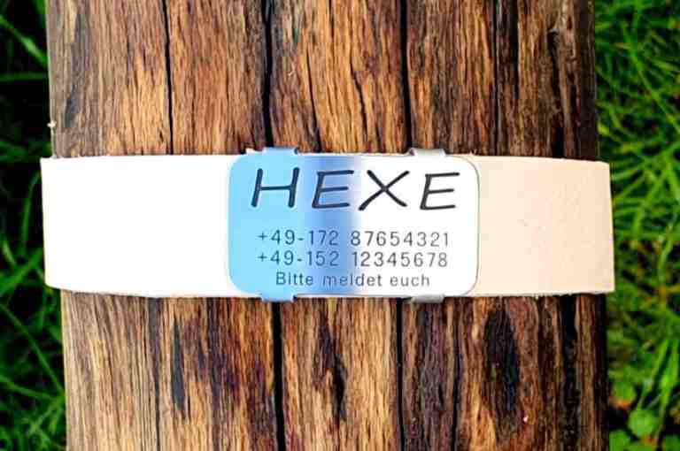 Edelstahl-Plakette für Lederhalsbänder mit Breite 28-31 mm, 19,00 €.