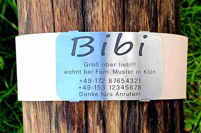 Edelstahl-Plakette für Lederhalsbänder mit Breite 48-51 mm, 22,50 €.